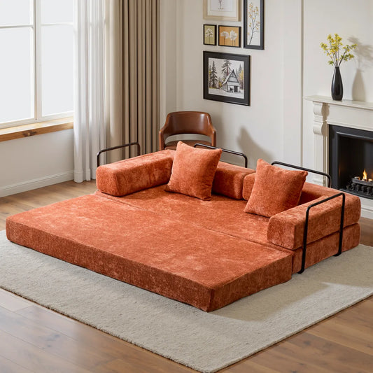 Orange chenille sofa bed unfolded into bed with black frame
