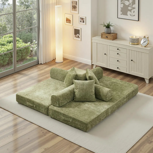 Green chenille sofa bed as chat mat