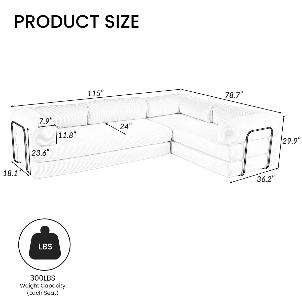 Dimension Diagram Of Couch Bed In Green/Grey/White Corduroy