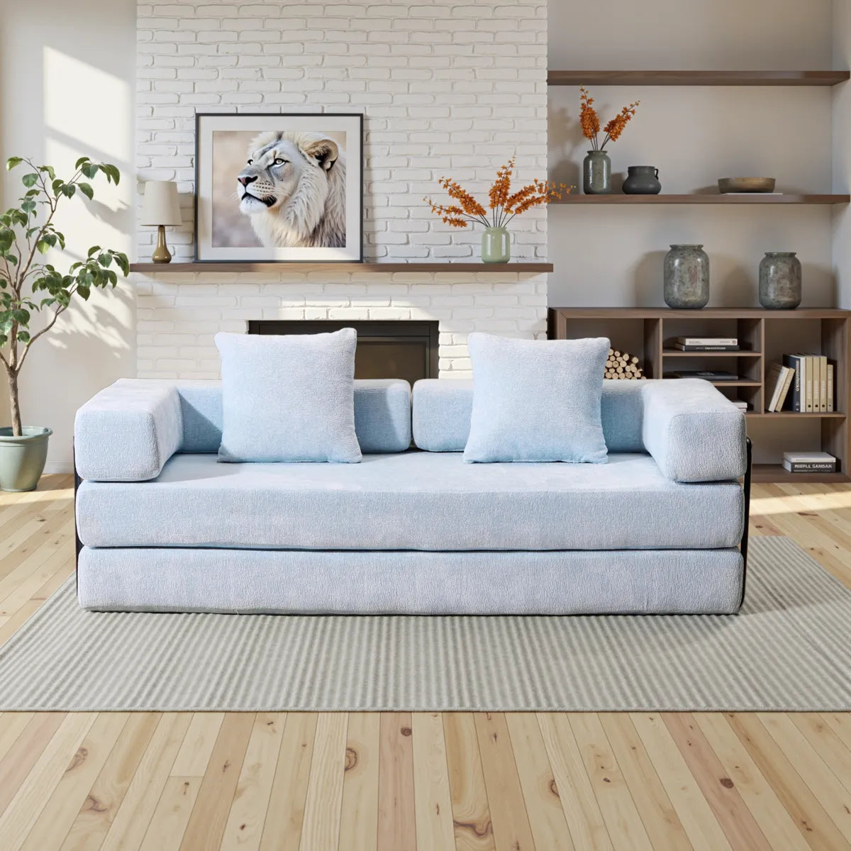 Blue chenille sofa bed with black metal frame