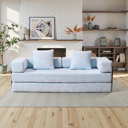 Blue chenille sofa bed with black metal frame