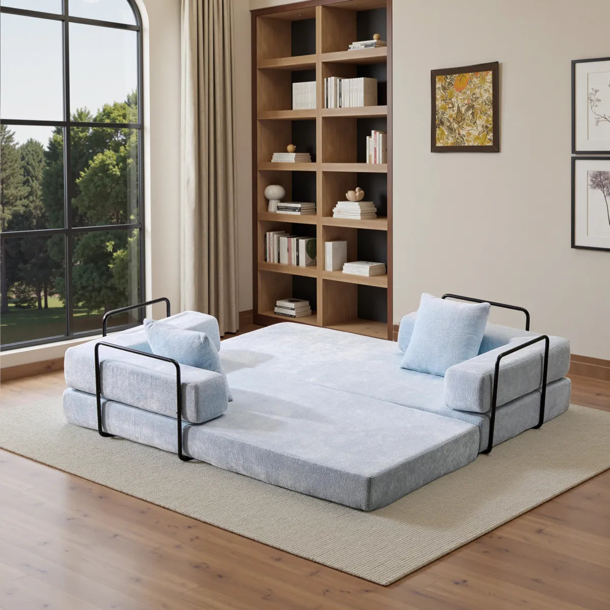 Blue sofa bed mattress used as floor sleeping pad