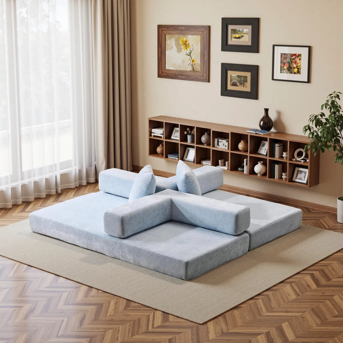 Blue chenille sofa bed as chat mat