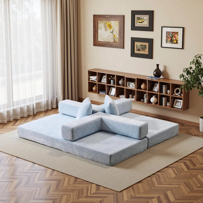 Blue chenille sofa bed as chat mat