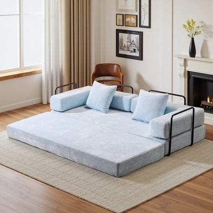 Blue chenille sofa bed unfolded into bed with black frame