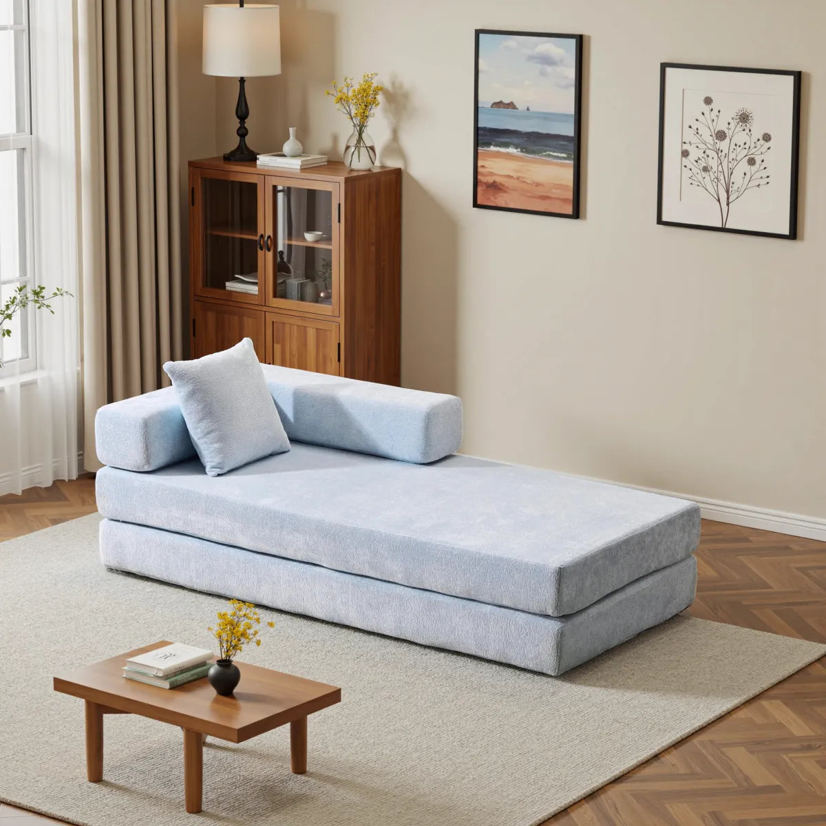 Blue convertible sofa set as relaxing chaise lounge