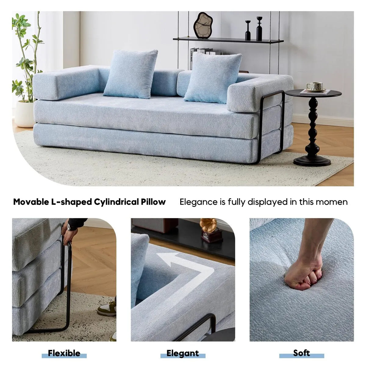 Blue chenille sofa bed features