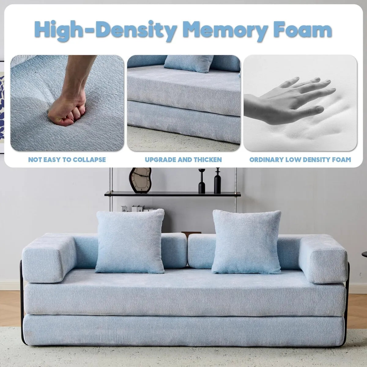 Blue couch bed with high density memory foam