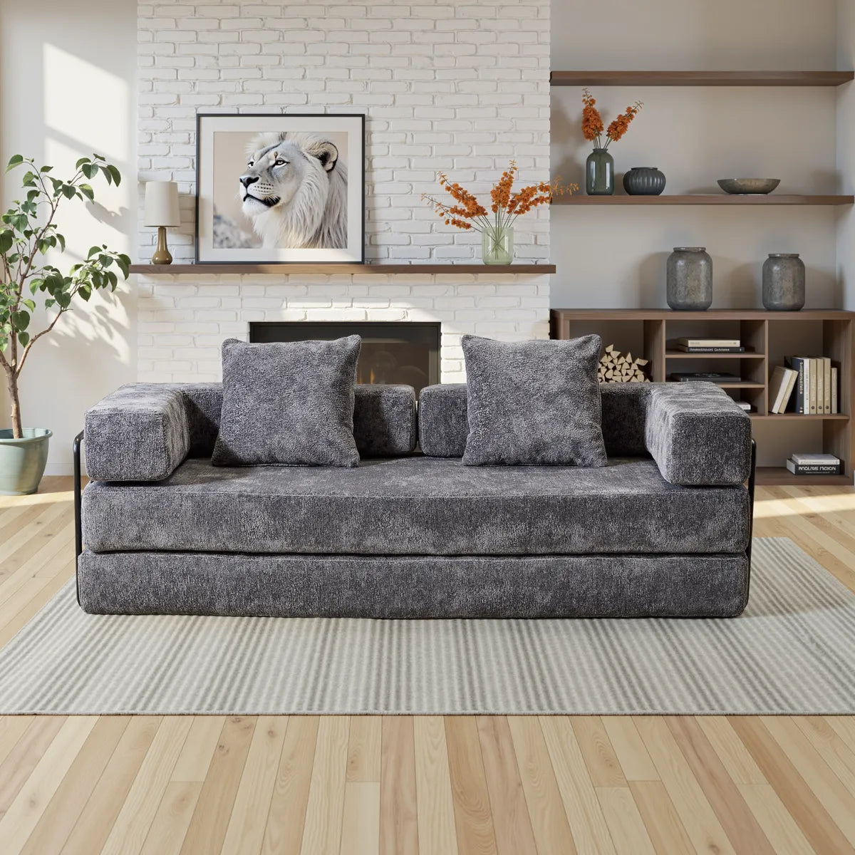 Dark Grey chenille sofa bed with black metal frame