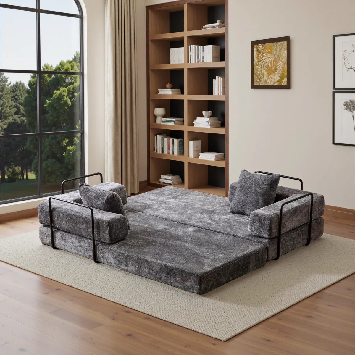 Dark Grey sofa bed mattress used as floor sleeping pad