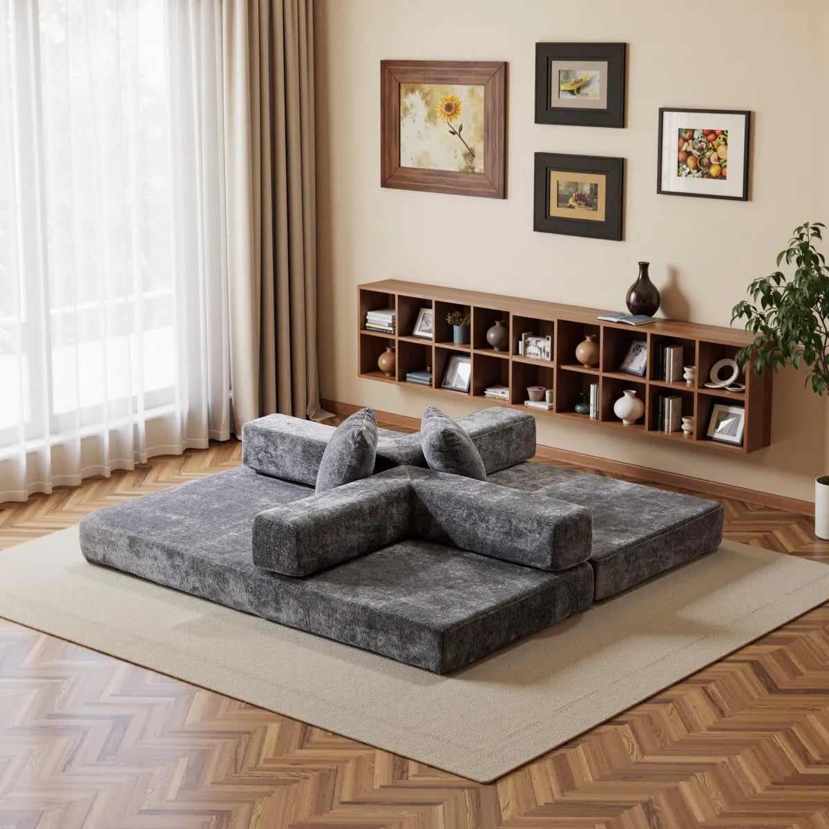 Dark Grey chenille sofa bed as chat mat