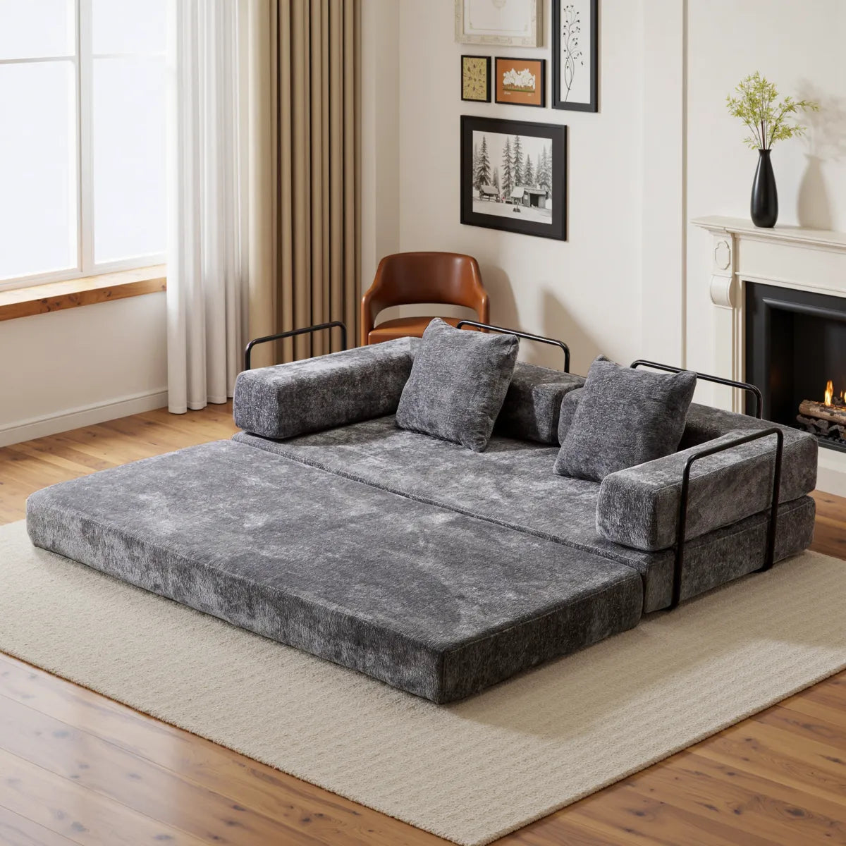 Dark Grey chenille sofa bed unfolded into bed with black frame