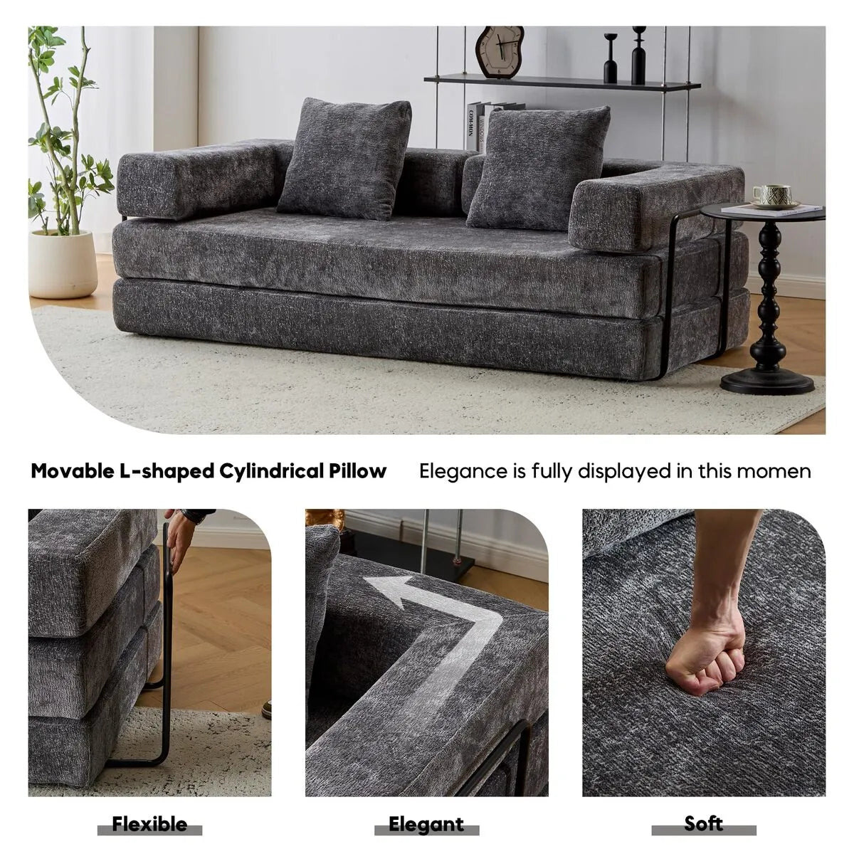 Dark Grey chenille sofa bed features