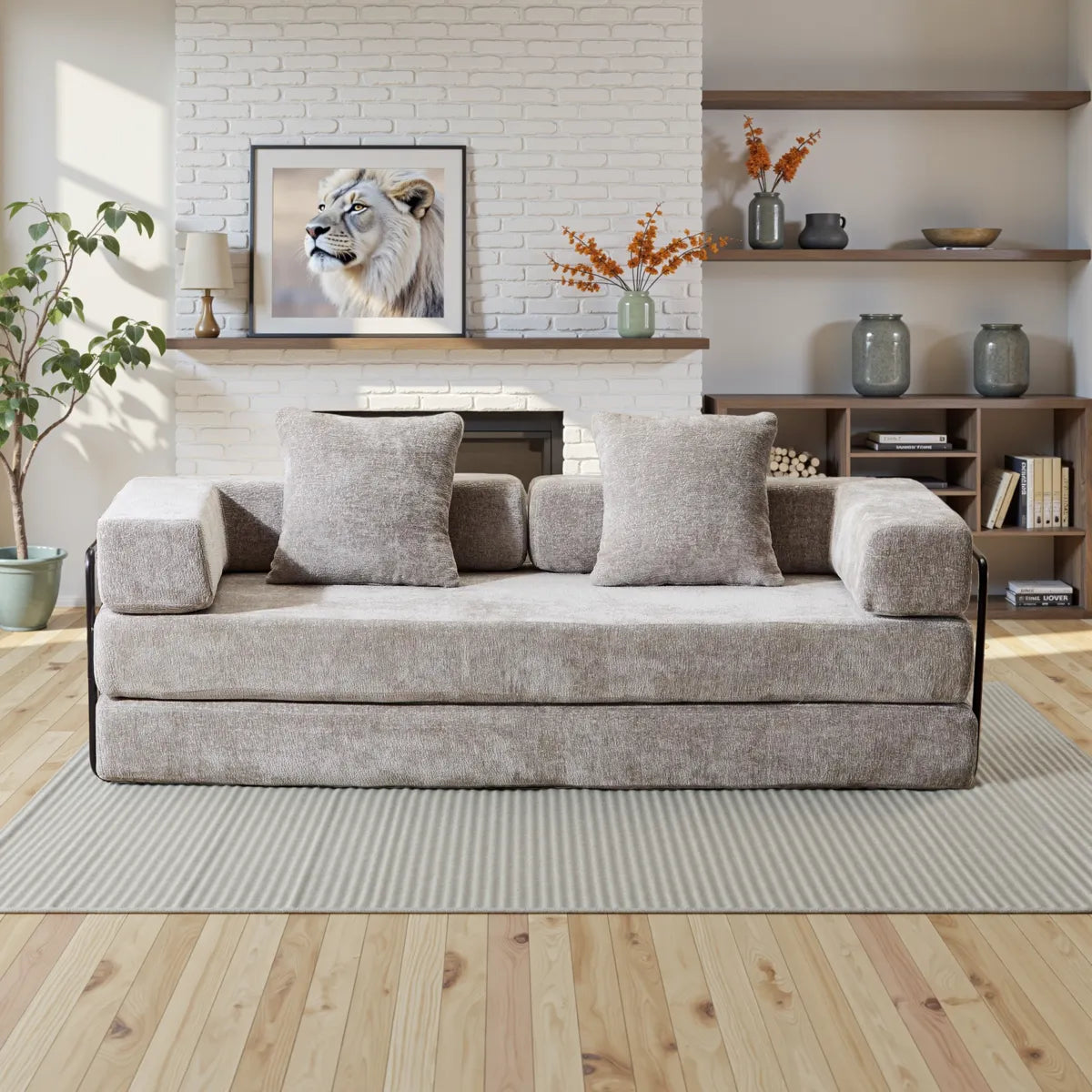 Light Grey chenille sofa bed with black metal frame