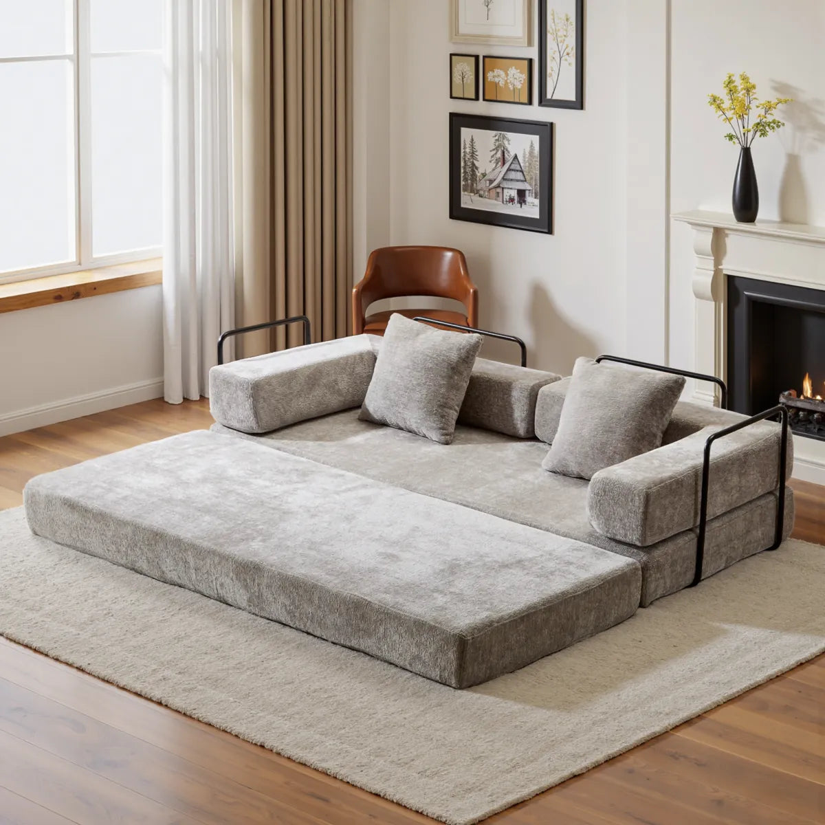 Light Grey chenille sofa bed unfolded into bed with black frame