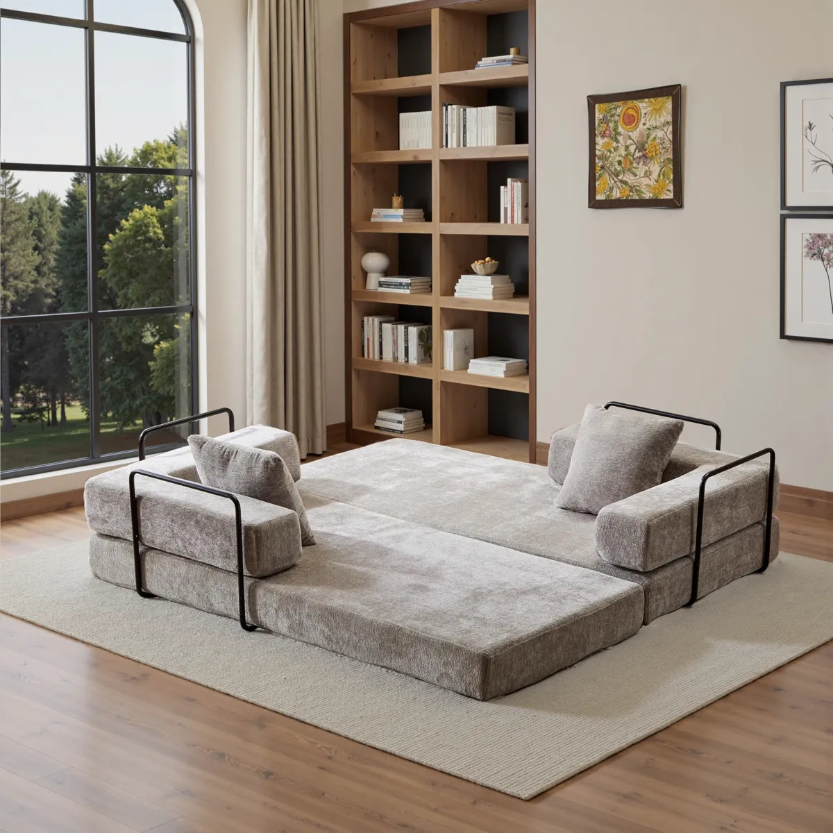 Light Grey sofa bed mattress used as floor sleeping pad