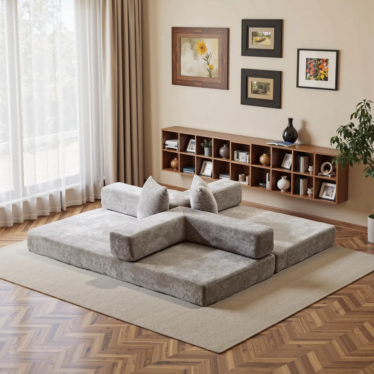 Light Grey chenille sofa bed as chat mat
