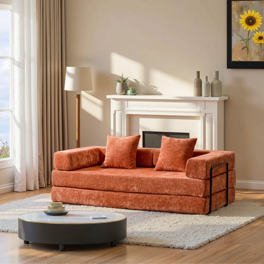 Orange chenille sofa bed with black metal frame