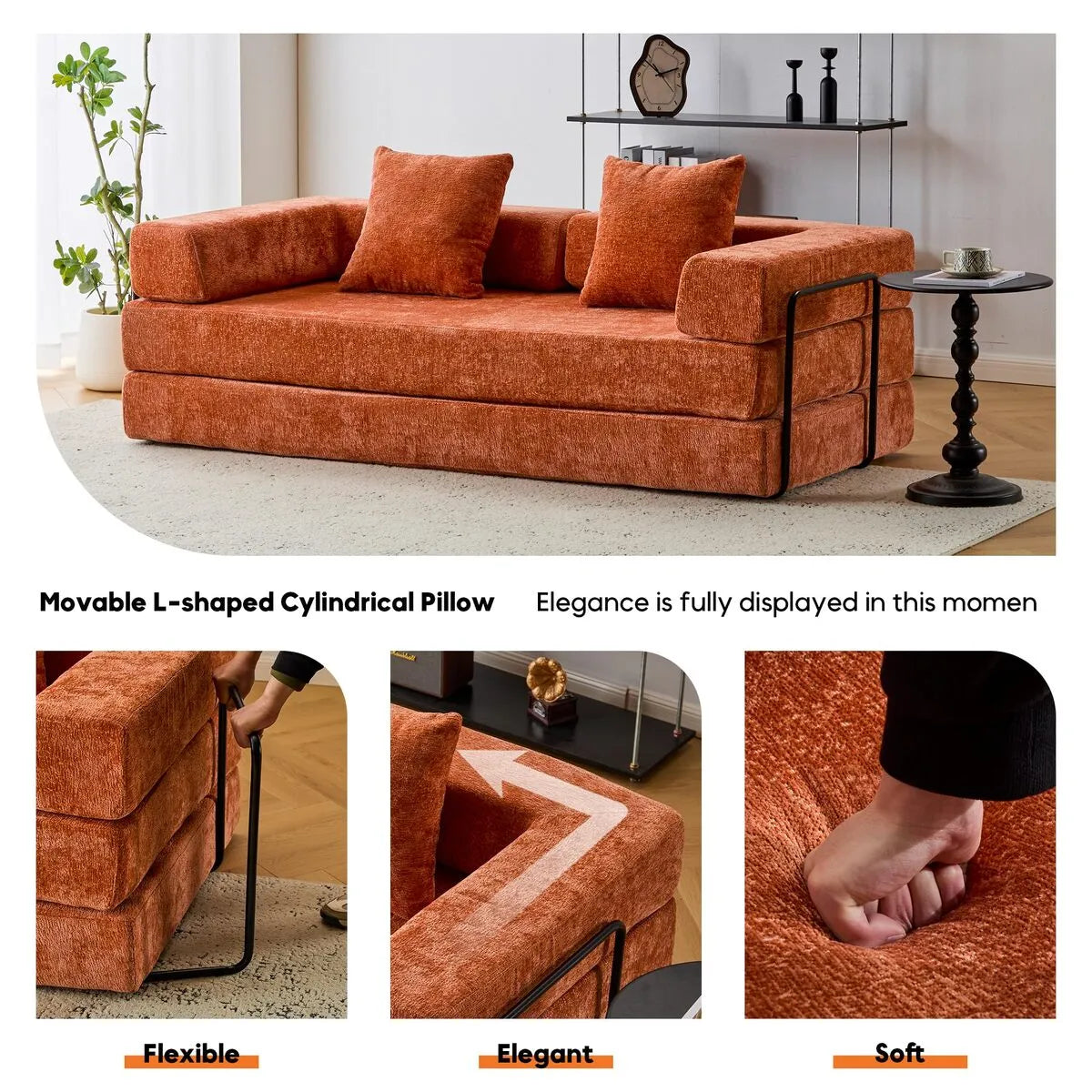 Orange chenille sofa bed features