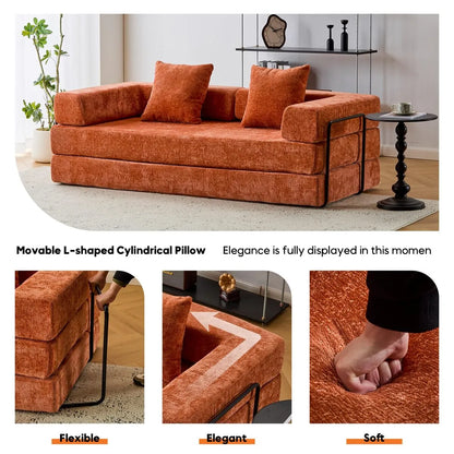 Orange chenille sofa bed features