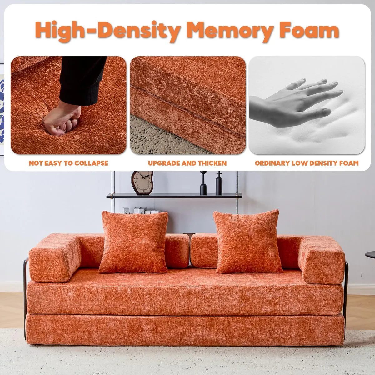 Orange couch bed with high density memory foam