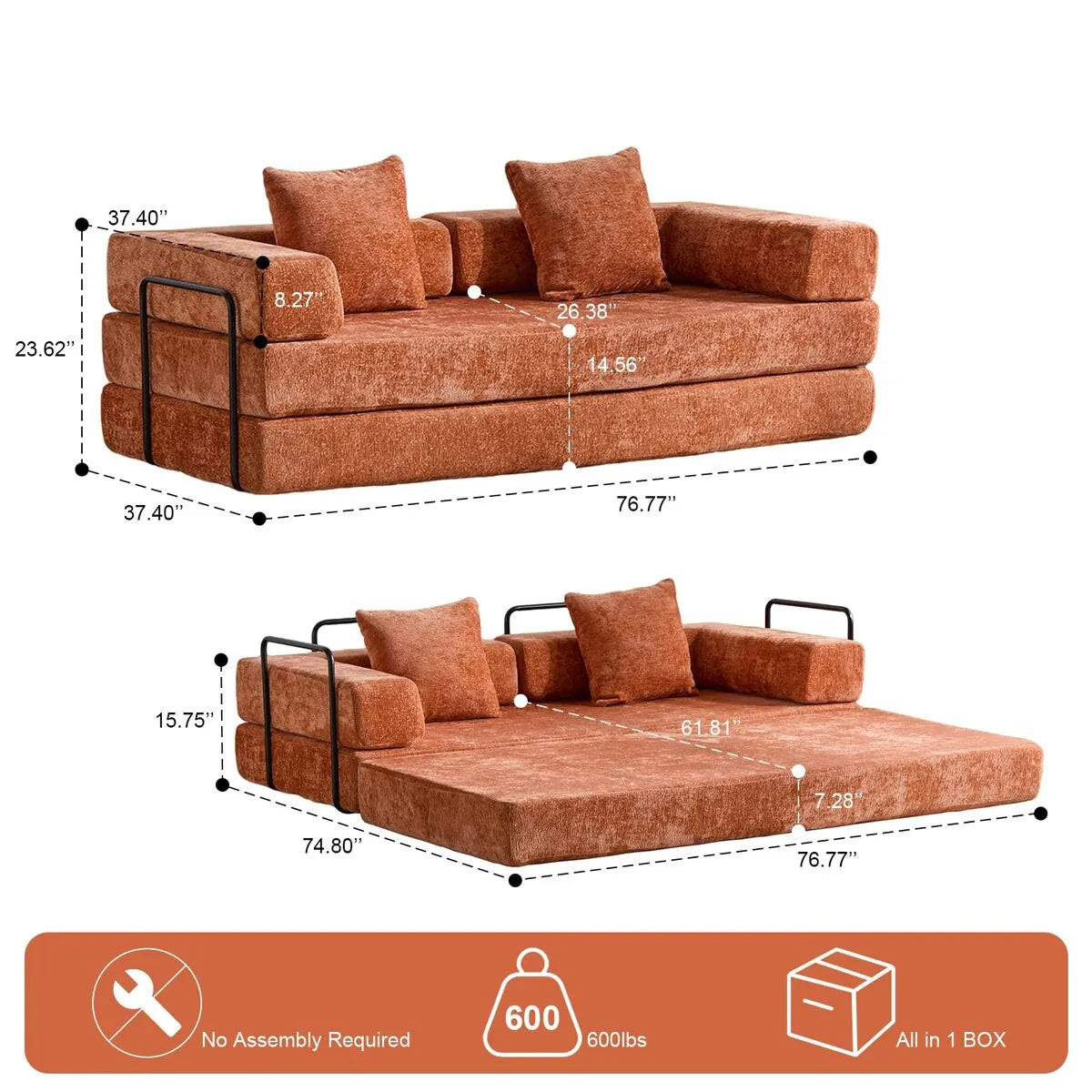 Dimension Diagram Of Couch Bed In Orange Chenille