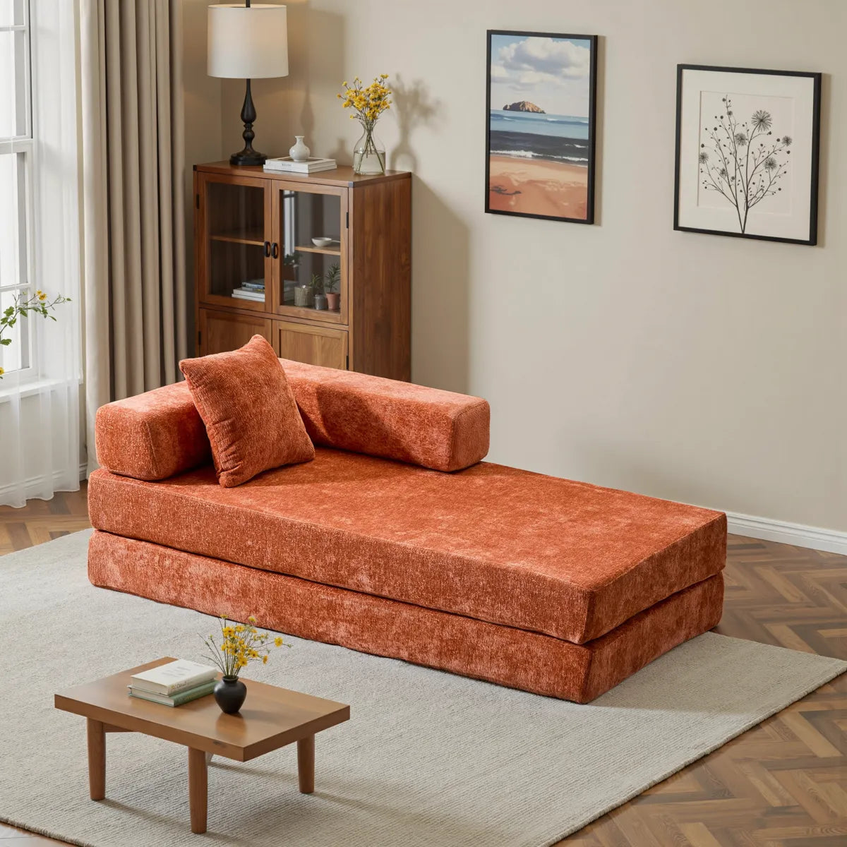 Orange convertible sofa set as relaxing chaise lounge