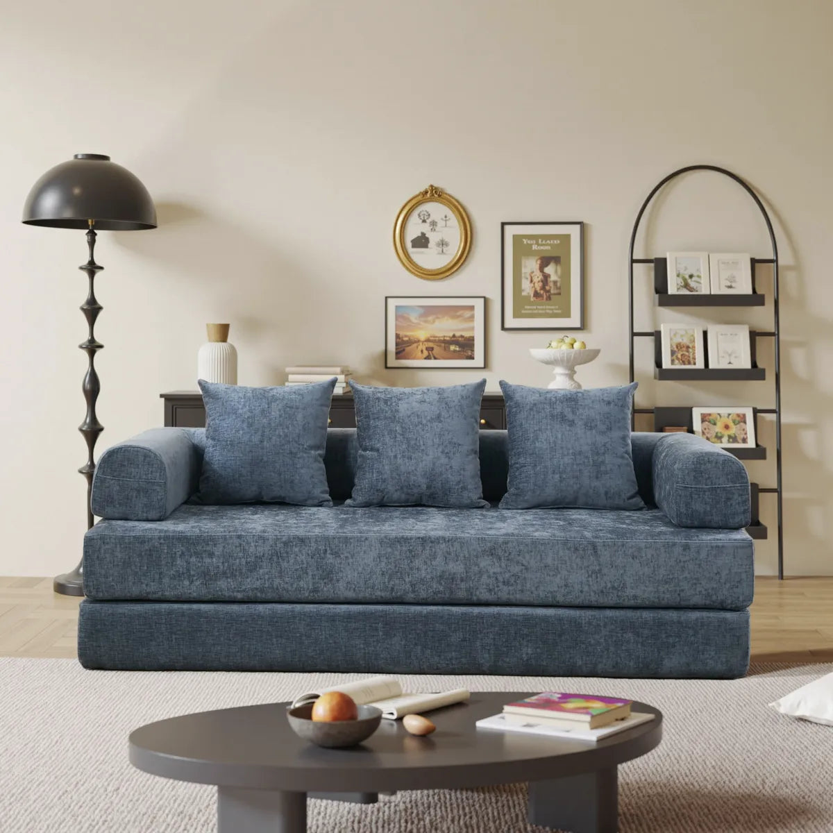 Blue chenille sofa bed with 3 pillows