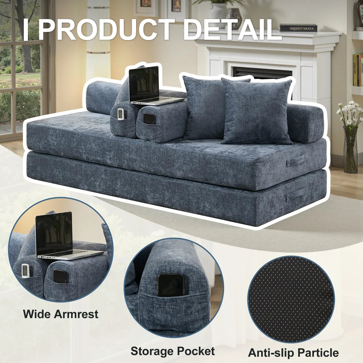 Blue chenille sofa bed product detail