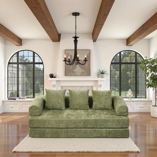 Green chenille sofa bed with 3 pillows