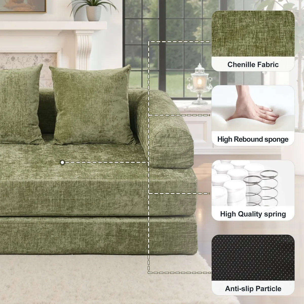 Green chenille sofa bed material