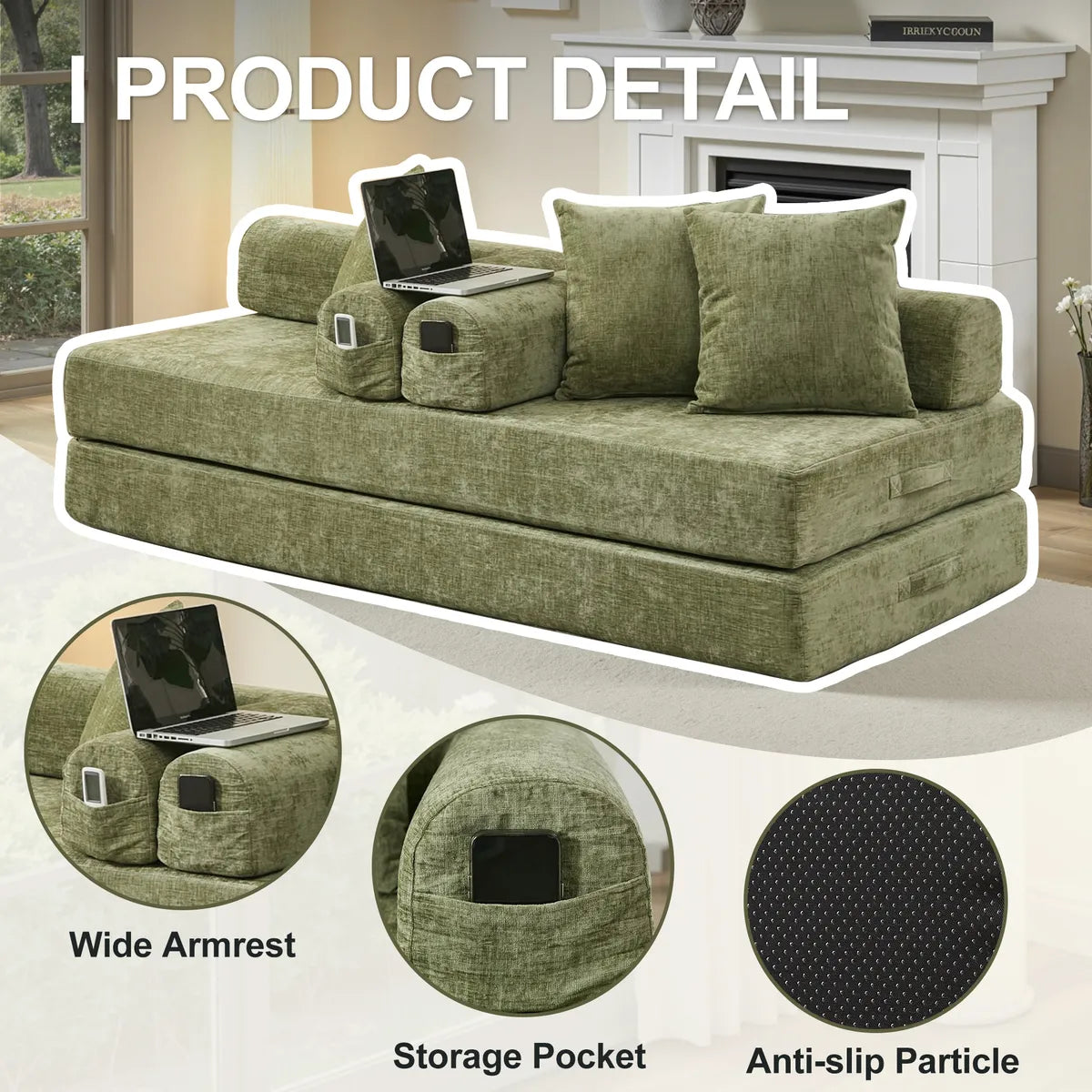 Green chenille sofa bed product detail