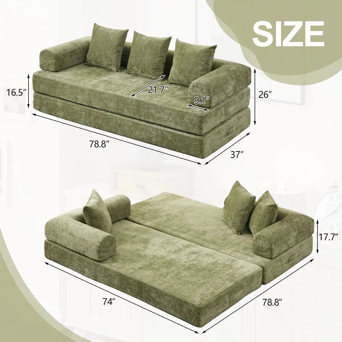 Dimension Diagram Of Couch Bed In Green Chenille