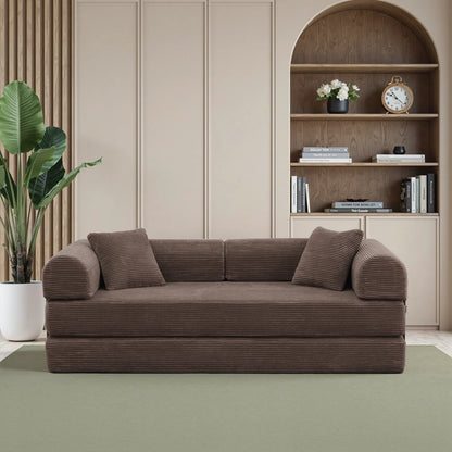 Brown corduroy sofa bed with black metal frame
