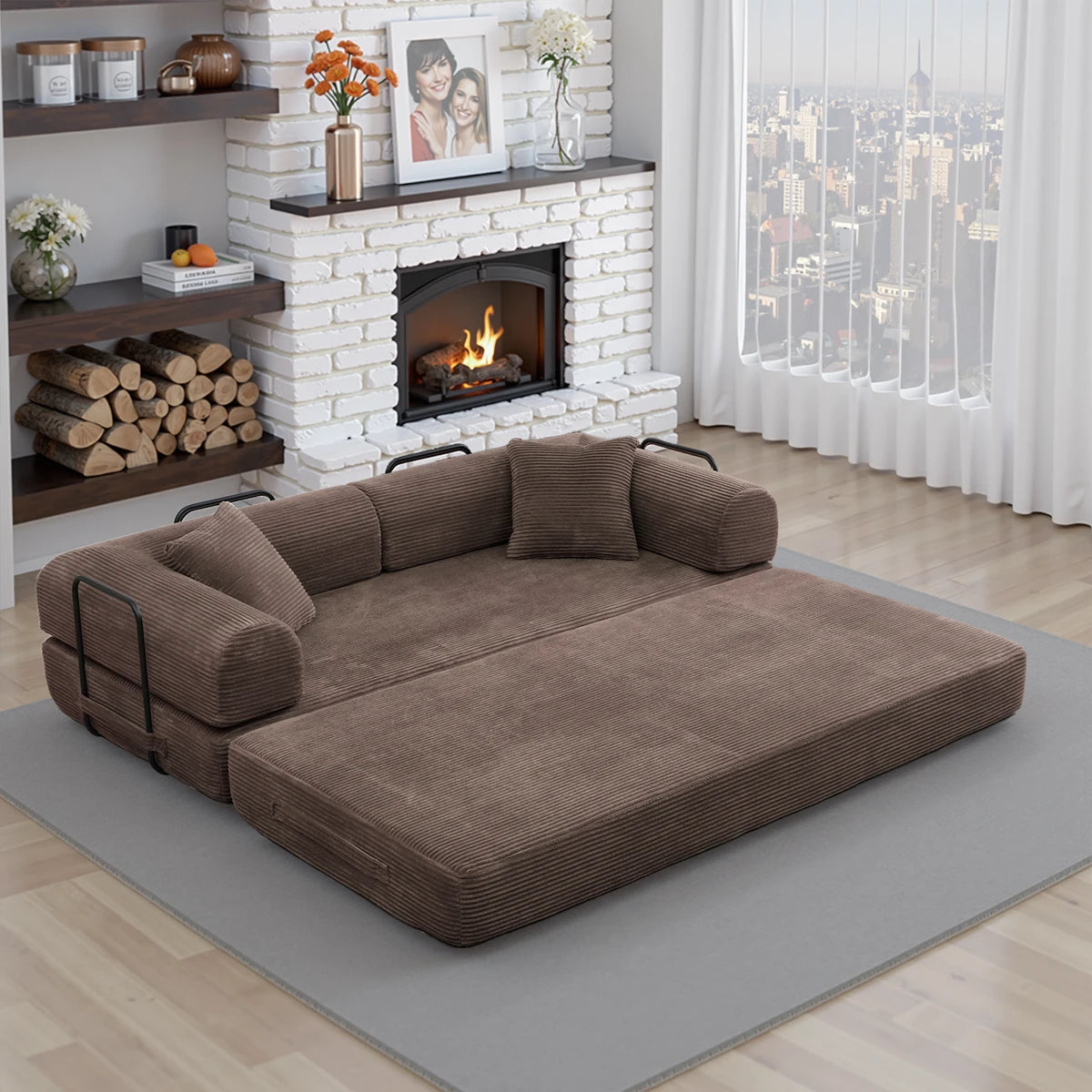 Brown corduroy sofa bed unfolded into bed with black frame
