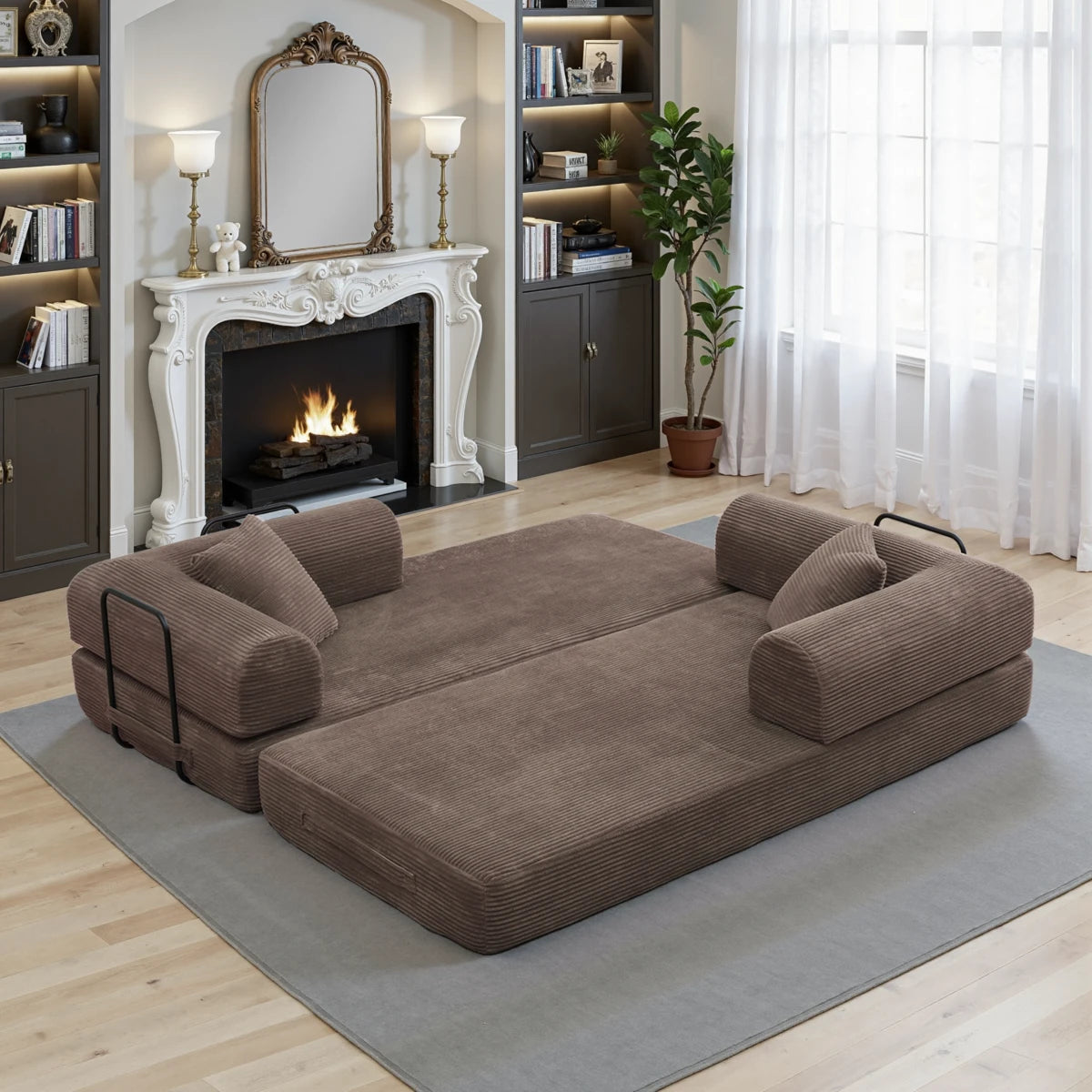 Brown sofa bed mattress used as floor sleeping pad