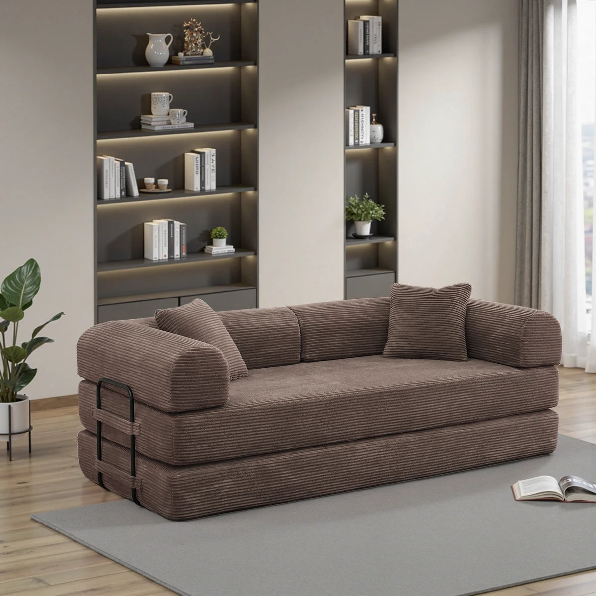 Brown sofa bed configured as reclining chaise lounge