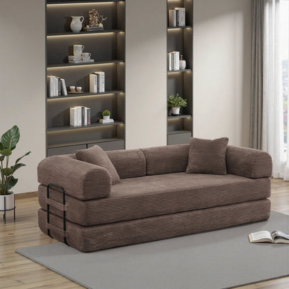 Brown sofa bed configured as reclining chaise lounge