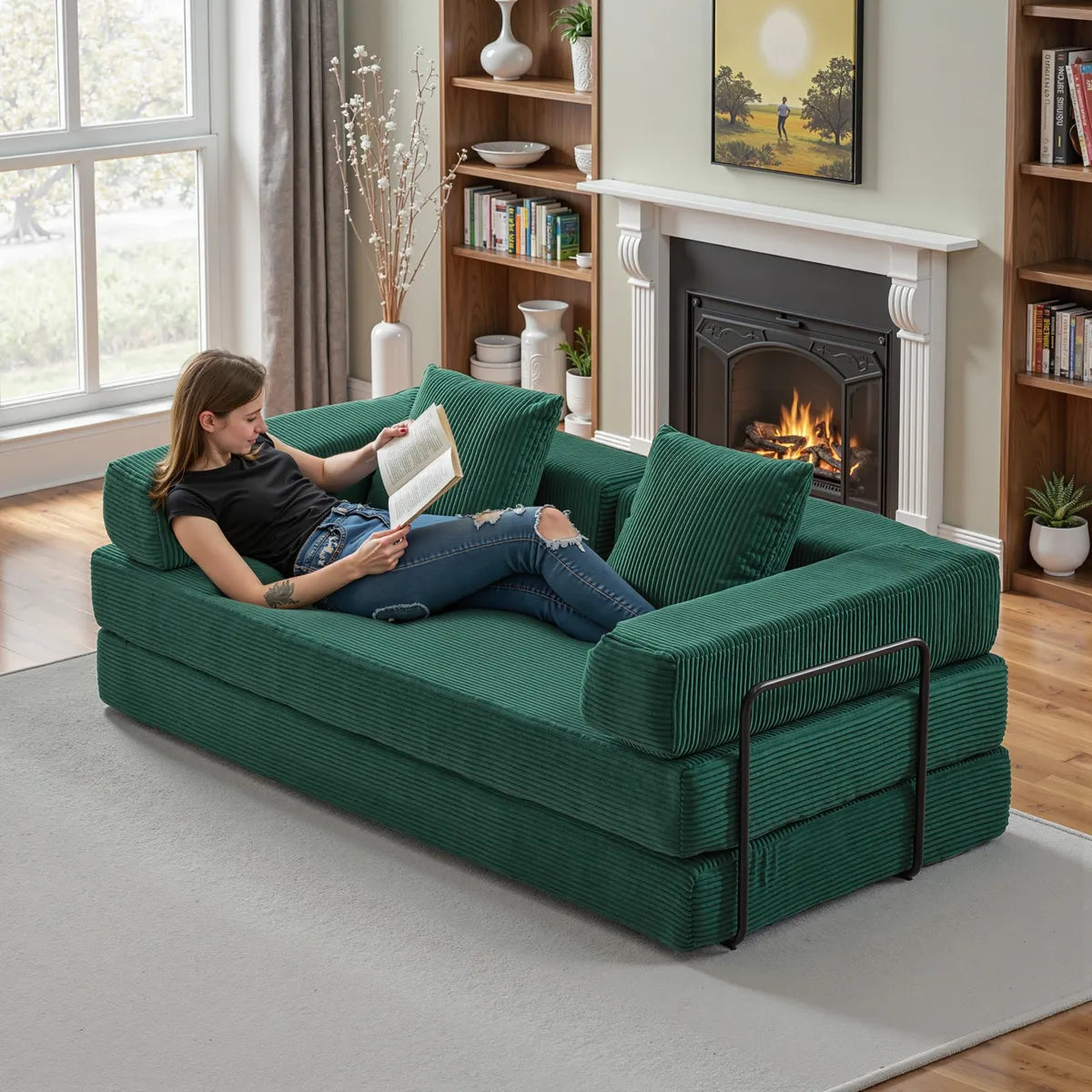 Black Metal Frame Sofa Bed Corduroy