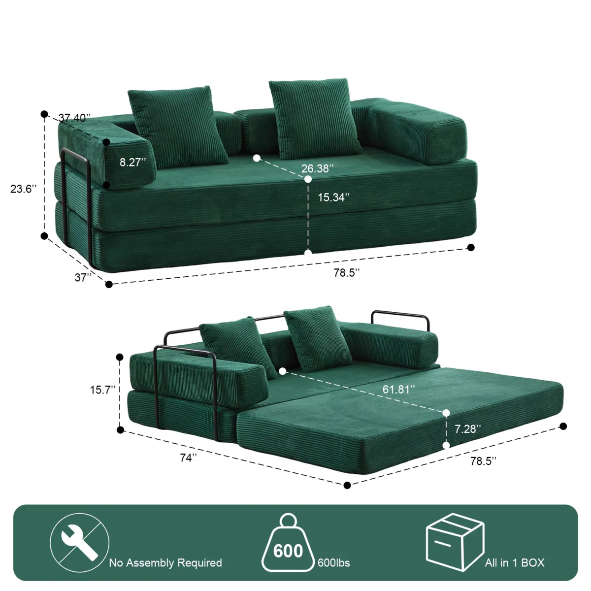Black Metal Frame Sofa Bed Corduroy
