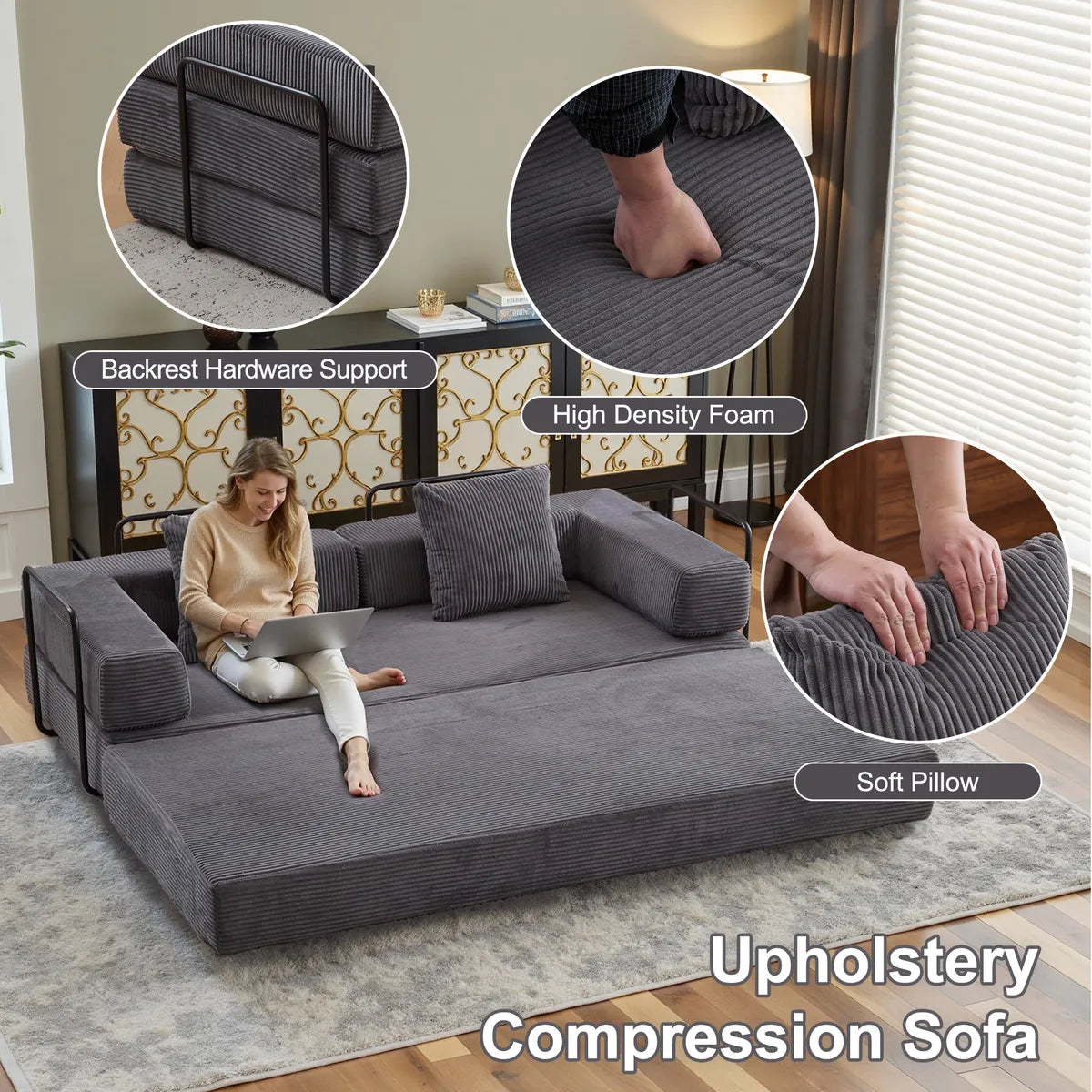 Black Metal Frame Sofa Bed Corduroy