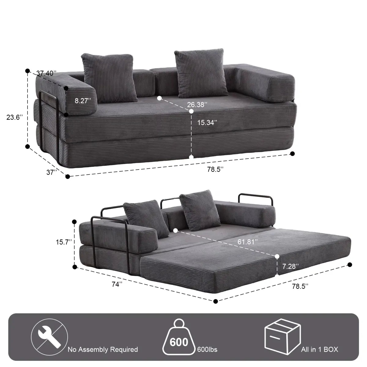 Black Metal Frame Sofa Bed Corduroy