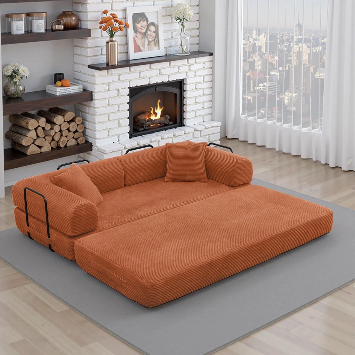 Orange corduroy sofa bed unfolded into bed with black frame