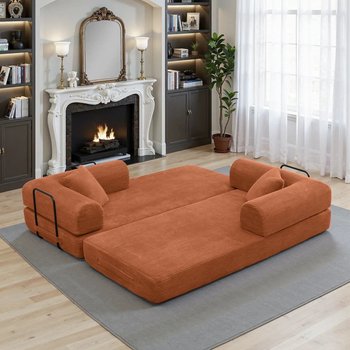 Orange sofa bed mattress used as floor sleeping pad