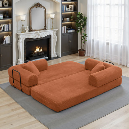 Orange sofa bed mattress used as floor sleeping pad