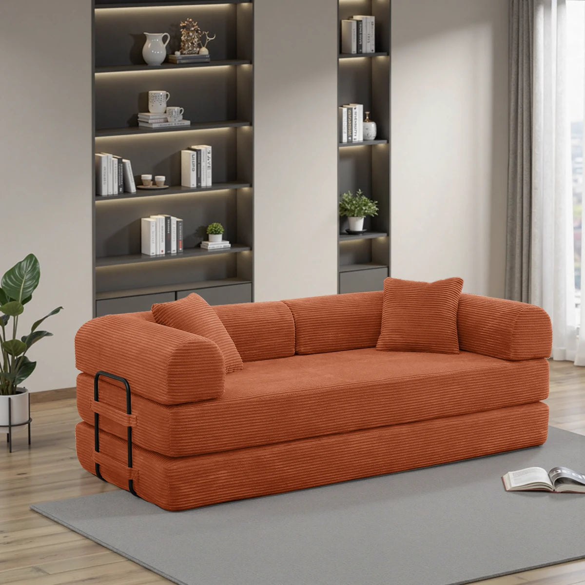 Orange sofa bed configured as reclining chaise lounge