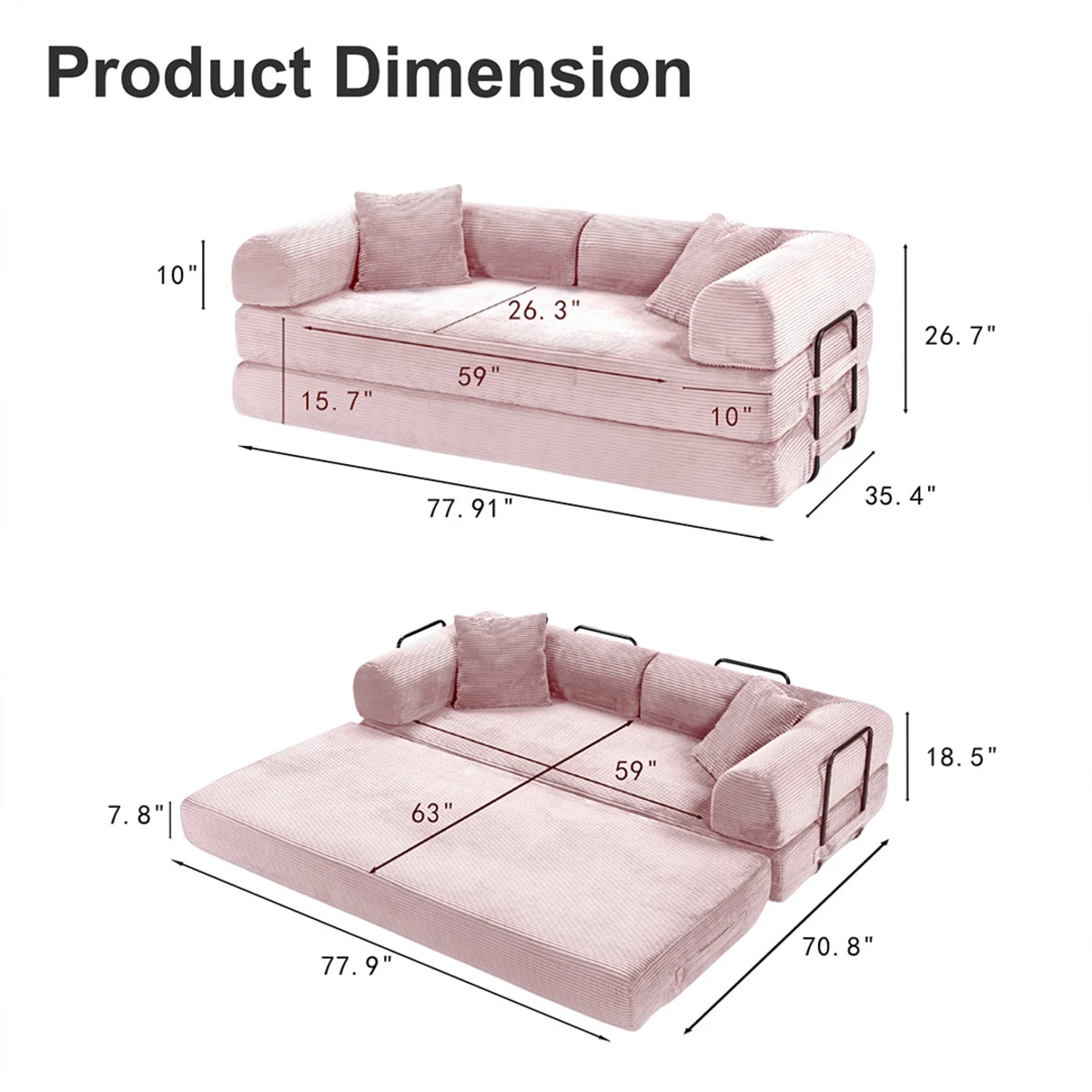 Dimension Diagram Of Couch Bed In Pink/Orange/Brown Corduroy