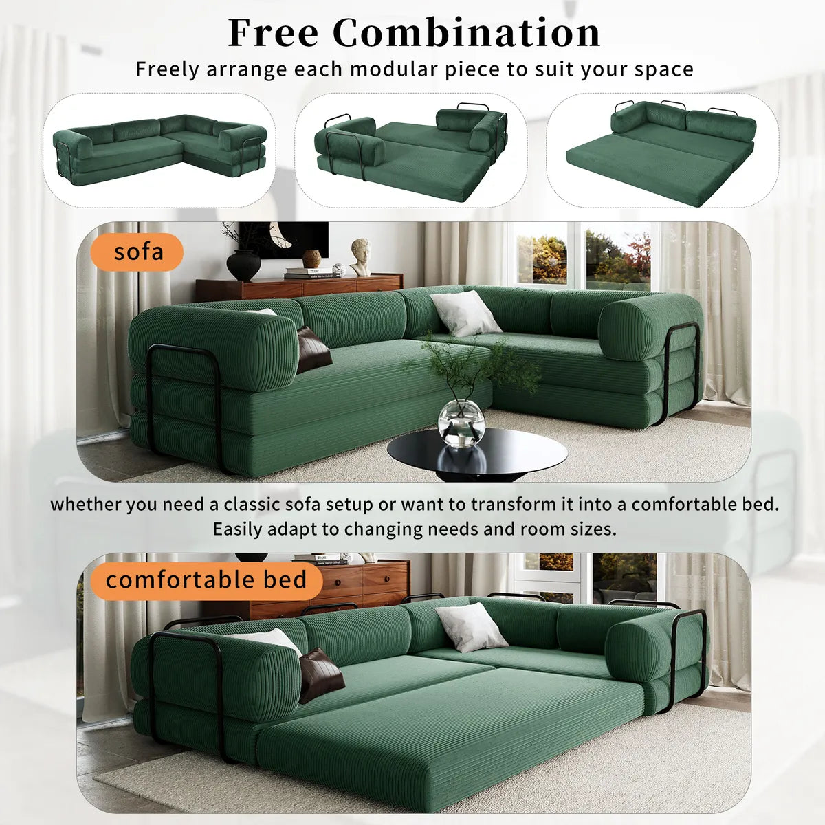 L shaped Green sofa bed free combination