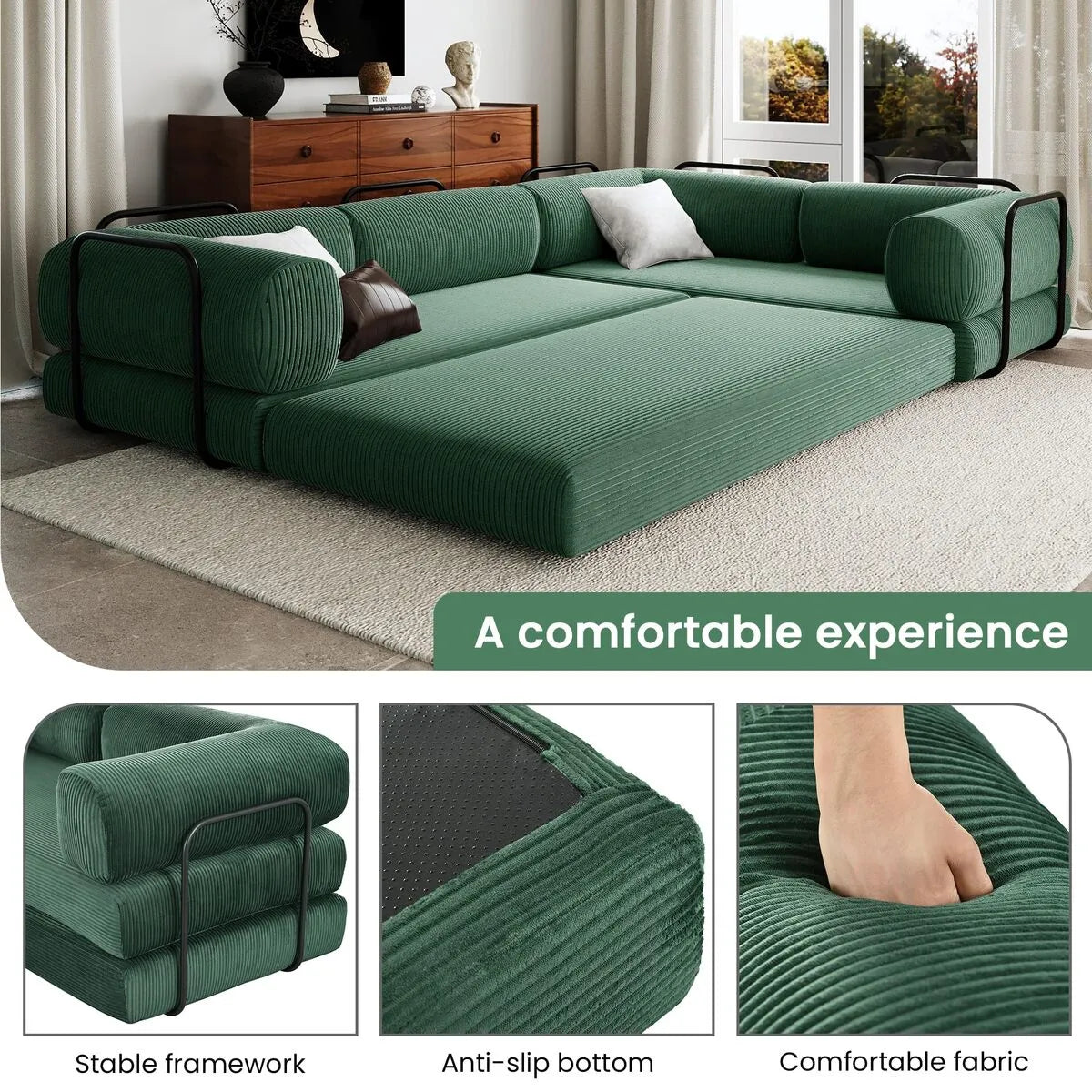 Green L Shaped sofa bed features