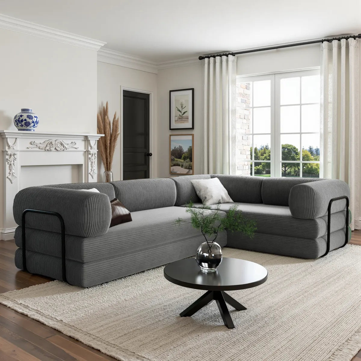 L shaped Grey corduroy sofa bed